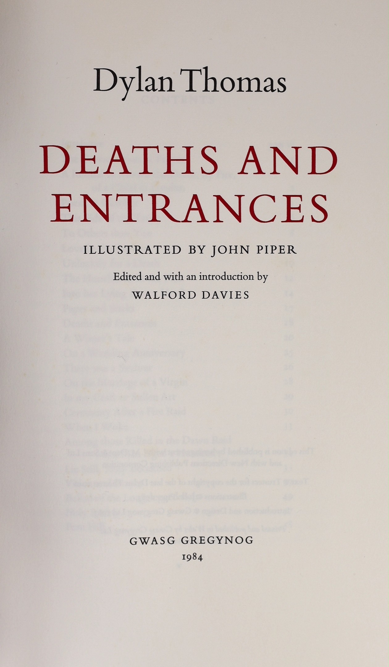 Thomas, Dylan - Deaths and Entrances, one of 250, illustrated by John Piper with coloured frontis and 7 double page plates, folio, blue quarter morocco cloth covered boards, Gwasg Gregynog, Newtown, 1984, in slip case.